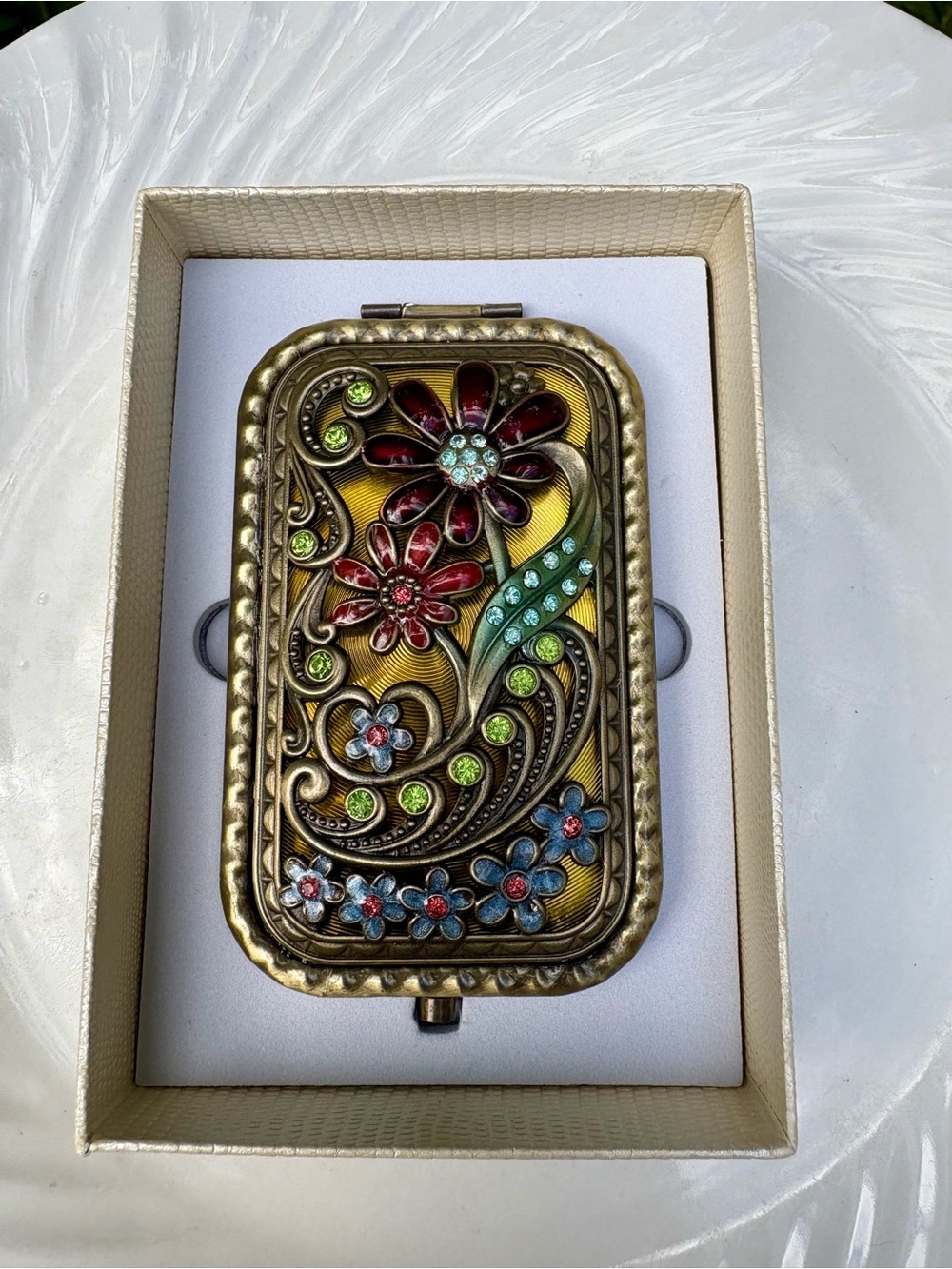 Ornate Floral Jeweled Metal Compact Case - Multicolor